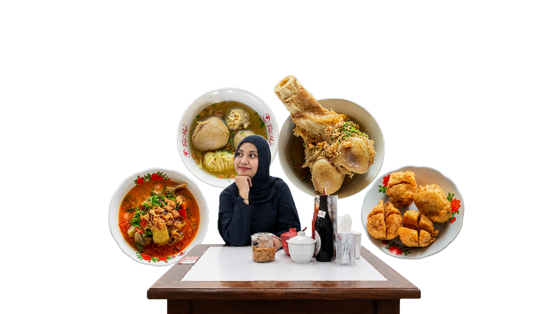 Kolase sajian Bakso Tjap Haji: bakso kuah, bakso tulang, bakso pedas, gorengan, dan seorang pelanggan di meja makan